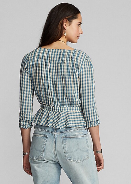 Krémová / modrá dámská košile Ralph Lauren Gingham Voile Peplum Krémová / modrá dámská košile Ralph Lauren Gingham Voile Peplum