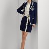 Krémové/námořnické dámské dvoubarevné krepové sukně Ralph Lauren s předním knoflíkem Krémové/námořnické dámské dvoubarevné krepové sukně Ralph Lauren s předním knoflíkem
