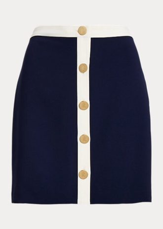 Krémové/námořnické dámské dvoubarevné krepové sukně Ralph Lauren s předním knoflíkem Krémové/námořnické dámské dvoubarevné krepové sukně Ralph Lauren s předním knoflíkem