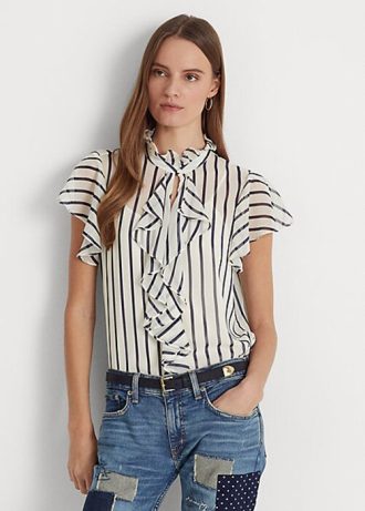 Krémová/námořnická dámská šifonová košile Ralph Lauren s proužkovaným volánem Krémová/námořnická dámská šifonová košile Ralph Lauren s proužkovaným volánem