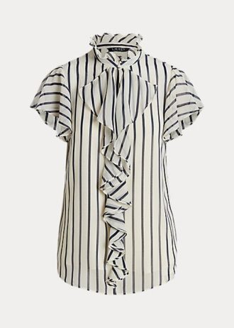 Krémová/námořnická dámská šifonová košile Ralph Lauren s proužkovaným volánem Krémová/námořnická dámská šifonová košile Ralph Lauren s proužkovaným volánem