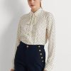 Krémové / námořnické dámské krepové košile Ralph Lauren s kravatou a výstřihem Krémové / námořnické dámské krepové košile Ralph Lauren s kravatou a výstřihem