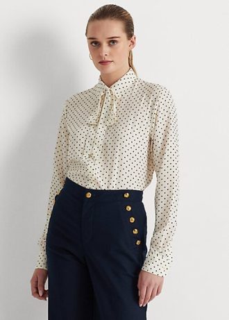 Krémové / námořnické dámské krepové košile Ralph Lauren s kravatou a výstřihem Krémové / námořnické dámské krepové košile Ralph Lauren s kravatou a výstřihem