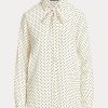 Krémové / námořnické dámské krepové košile Ralph Lauren s kravatou a výstřihem Krémové / námořnické dámské krepové košile Ralph Lauren s kravatou a výstřihem