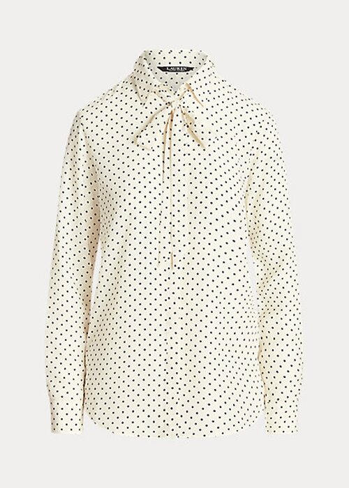 Krémové / námořnické dámské krepové košile Ralph Lauren s kravatou a výstřihem Krémové / námořnické dámské krepové košile Ralph Lauren s kravatou a výstřihem