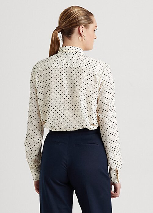 Krémové / námořnické dámské krepové košile Ralph Lauren s kravatou a výstřihem Krémové / námořnické dámské krepové košile Ralph Lauren s kravatou a výstřihem