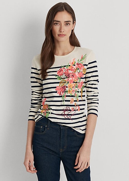 Krémové/námořnické dámské Ralph Lauren Floral & Pruhovaná Jersey trička s dlouhým rukávem Krémové/námořnické dámské Ralph Lauren Floral & Pruhovaná Jersey trička s dlouhým rukávem