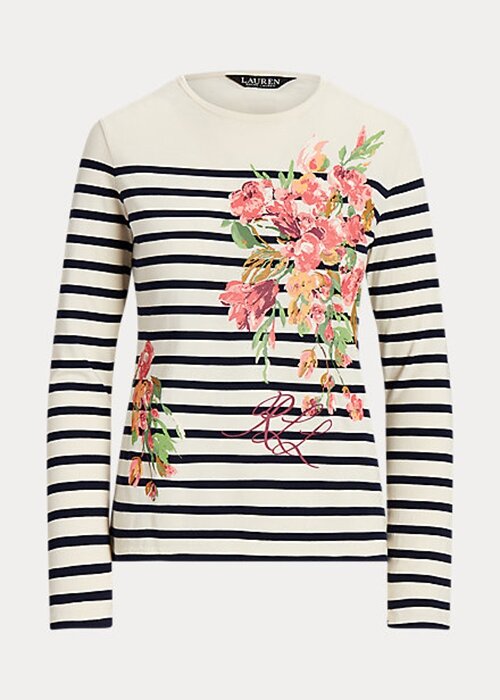 Krémové/námořnické dámské Ralph Lauren Floral & Pruhovaná Jersey trička s dlouhým rukávem Krémové/námořnické dámské Ralph Lauren Floral & Pruhovaná Jersey trička s dlouhým rukávem