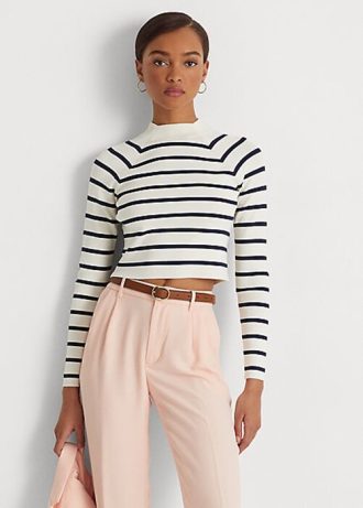 Krémové/námořnické dámské svetry Ralph Lauren Striped Cropped Mockneck Krémové/námořnické dámské svetry Ralph Lauren Striped Cropped Mockneck