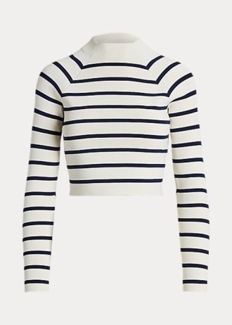 Krémové/námořnické dámské svetry Ralph Lauren Striped Cropped Mockneck Krémové/námořnické dámské svetry Ralph Lauren Striped Cropped Mockneck