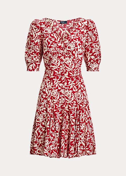 Květinové dámské krepové šaty Ralph Lauren s květinovými skopovými rukávy Godet Květinové dámské krepové šaty Ralph Lauren s květinovými skopovými rukávy Godet