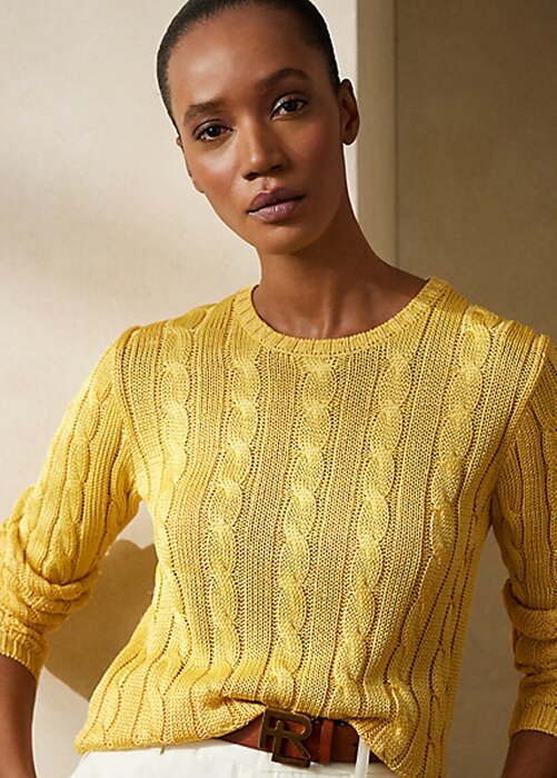 Žluté dámské svetry Ralph Lauren Cable-Knit Silk Crewneck Žluté dámské svetry Ralph Lauren Cable-Knit Silk Crewneck