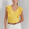 Žlutá dámská trička Ralph Lauren s volánkovým žebrovaným úpletem Žlutá dámská trička Ralph Lauren s volánkovým žebrovaným úpletem