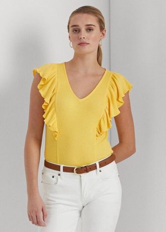 Žlutá dámská trička Ralph Lauren s volánkovým žebrovaným úpletem Žlutá dámská trička Ralph Lauren s volánkovým žebrovaným úpletem