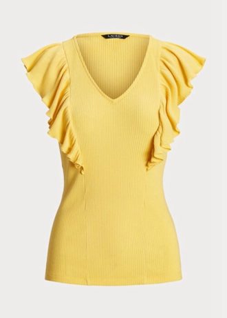 Žlutá dámská trička Ralph Lauren s volánkovým žebrovaným úpletem Žlutá dámská trička Ralph Lauren s volánkovým žebrovaným úpletem