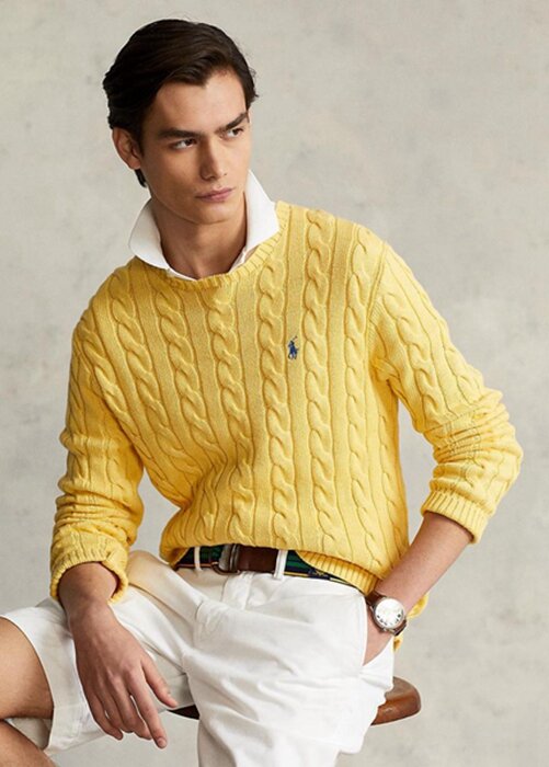 Žluté pánské svetry Ralph Lauren Bavlněné svetry s kabelovým úpletem Žluté pánské svetry Ralph Lauren Bavlněné svetry s kabelovým úpletem