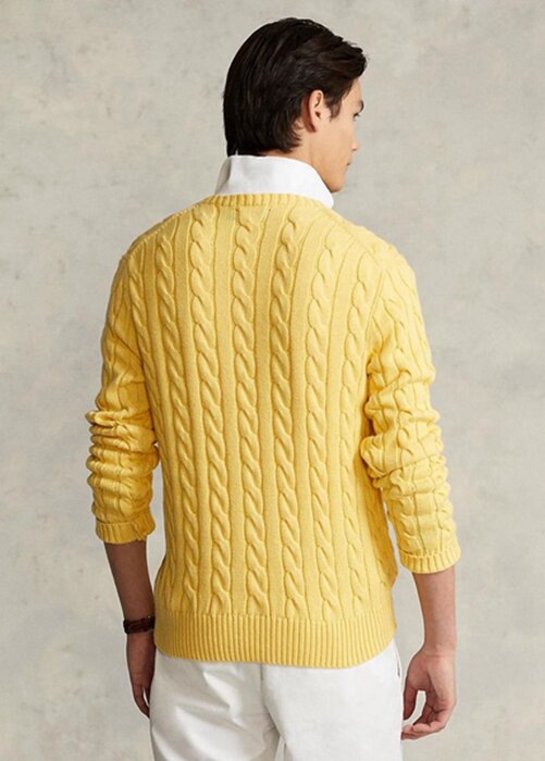Žluté pánské svetry Ralph Lauren Bavlněné svetry s kabelovým úpletem Žluté pánské svetry Ralph Lauren Bavlněné svetry s kabelovým úpletem