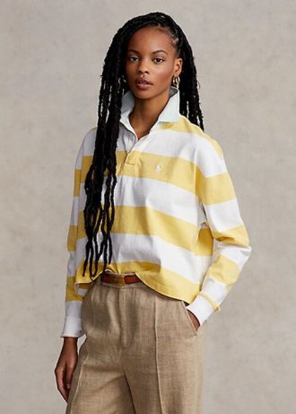Žluté dámské ragbyové košile Ralph Lauren s pruhovaným zkráceným Jersey Žluté dámské ragbyové košile Ralph Lauren s pruhovaným zkráceným Jersey