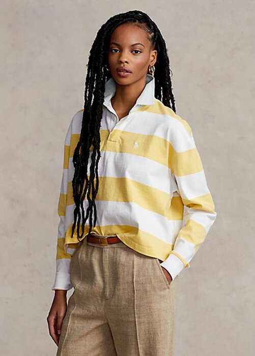 Žluté dámské ragbyové košile Ralph Lauren s pruhovaným zkráceným Jersey Žluté dámské ragbyové košile Ralph Lauren s pruhovaným zkráceným Jersey