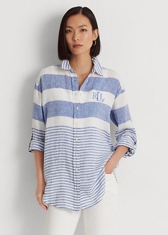 Modré / bílé dámské pruhované oversize plátěné košile Ralph Lauren Modré / bílé dámské pruhované oversize plátěné košile Ralph Lauren