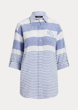 Modré / bílé dámské pruhované oversize plátěné košile Ralph Lauren Modré / bílé dámské pruhované oversize plátěné košile Ralph Lauren