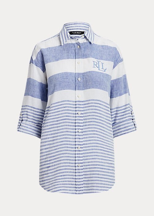 Modré / bílé dámské pruhované oversize plátěné košile Ralph Lauren Modré / bílé dámské pruhované oversize plátěné košile Ralph Lauren