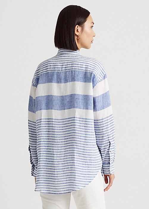 Modré / bílé dámské pruhované oversize plátěné košile Ralph Lauren Modré / bílé dámské pruhované oversize plátěné košile Ralph Lauren