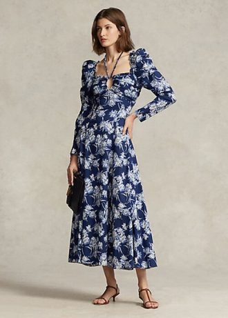Modré dámské šaty Ralph Lauren s květinovými bavlněnými ohlávkami