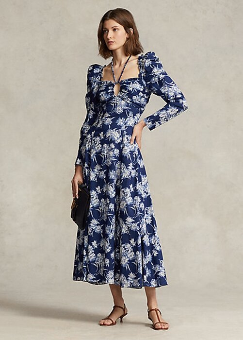 Modré dámské šaty Ralph Lauren s květinovými bavlněnými ohlávkami Modré dámské šaty Ralph Lauren s květinovými bavlněnými ohlávkami
