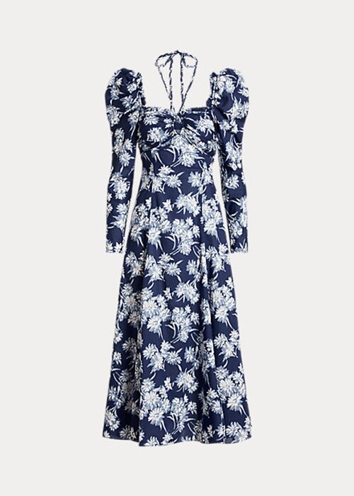 Modré dámské šaty Ralph Lauren s květinovými bavlněnými ohlávkami Modré dámské šaty Ralph Lauren s květinovými bavlněnými ohlávkami