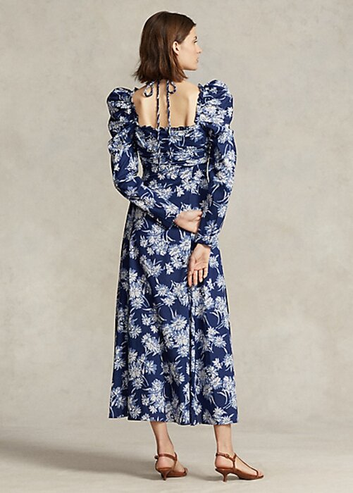 Modré dámské šaty Ralph Lauren s květinovými bavlněnými ohlávkami Modré dámské šaty Ralph Lauren s květinovými bavlněnými ohlávkami