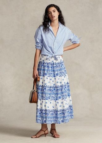 Modré dámské bavlněné sukně Ralph Lauren s květinovými pruhy Modré dámské bavlněné sukně Ralph Lauren s květinovými pruhy