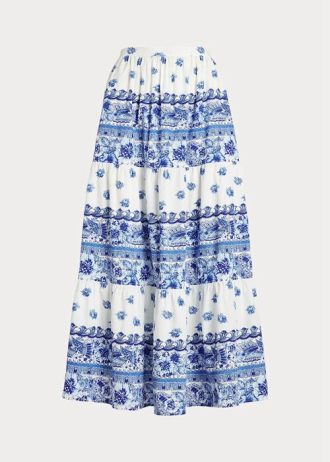 Modré dámské bavlněné sukně Ralph Lauren s květinovými pruhy Modré dámské bavlněné sukně Ralph Lauren s květinovými pruhy