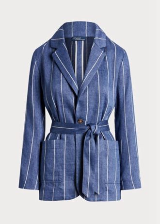 Modré dámské blejzry Ralph Lauren s pruhovaným páskem, plátno-bavlna Modré dámské blejzry Ralph Lauren s pruhovaným páskem, plátno-bavlna