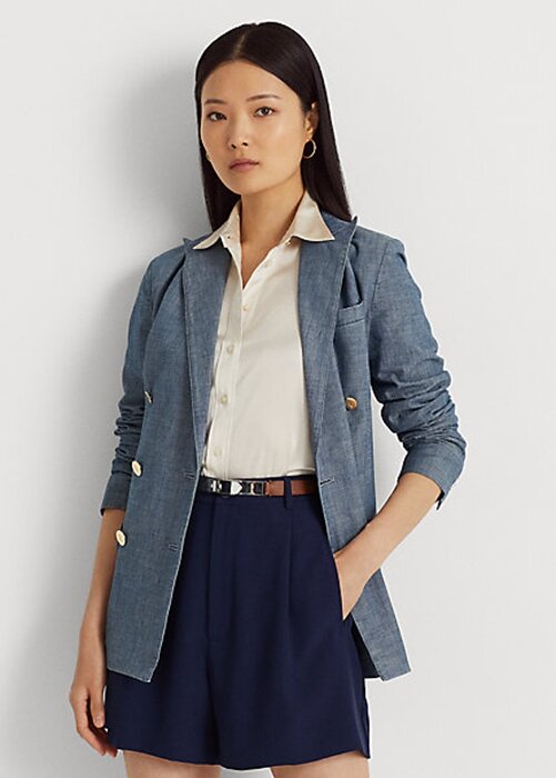 Modré dámské dvouřadé sako Chambray Ralph Lauren Modré dámské dvouřadé sako Chambray Ralph Lauren