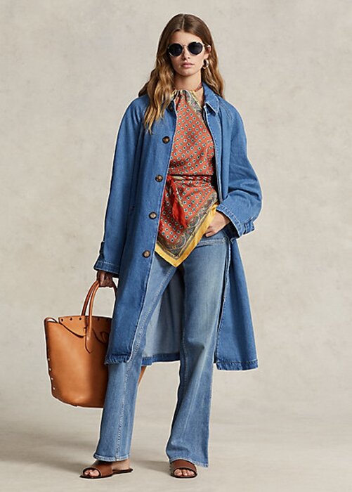 Modré dámské kabáty Ralph Lauren ze směsi bavlny a hedvábí Modré dámské kabáty Ralph Lauren ze směsi bavlny a hedvábí