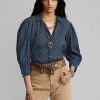 Modré dámské košile Ralph Lauren s květinovým mačkaným bavlněným voálem Modré dámské košile Ralph Lauren s květinovým mačkaným bavlněným voálem