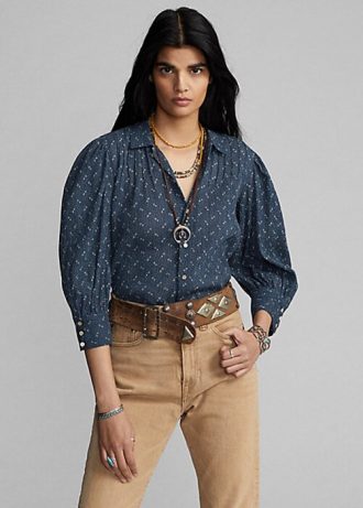 Modré dámské košile Ralph Lauren s květinovým mačkaným bavlněným voálem Modré dámské košile Ralph Lauren s květinovým mačkaným bavlněným voálem