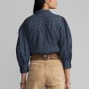 Modré dámské košile Ralph Lauren s květinovým mačkaným bavlněným voálem Modré dámské košile Ralph Lauren s květinovým mačkaným bavlněným voálem