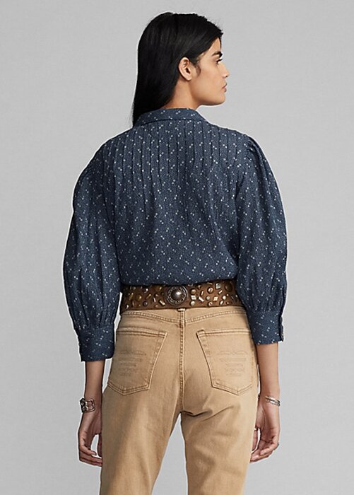 Modré dámské košile Ralph Lauren s květinovým mačkaným bavlněným voálem Modré dámské košile Ralph Lauren s květinovým mačkaným bavlněným voálem