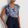 Modré dámské košile Ralph Lauren s květinovými vrásčitými Georgette Modré dámské košile Ralph Lauren s květinovými vrásčitými Georgette