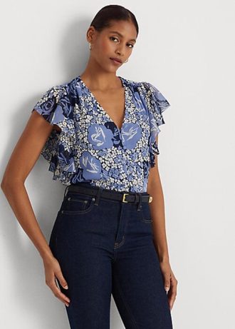 Modré dámské košile Ralph Lauren s květinovými vrásčitými Georgette Modré dámské košile Ralph Lauren s květinovými vrásčitými Georgette