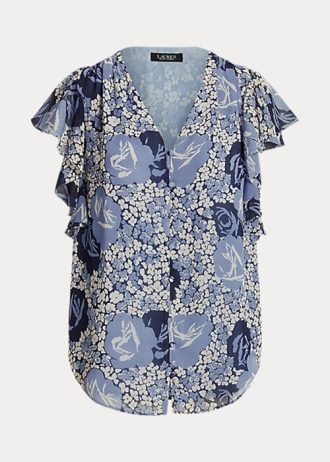 Modré dámské košile Ralph Lauren s květinovými vrásčitými Georgette Modré dámské košile Ralph Lauren s květinovými vrásčitými Georgette
