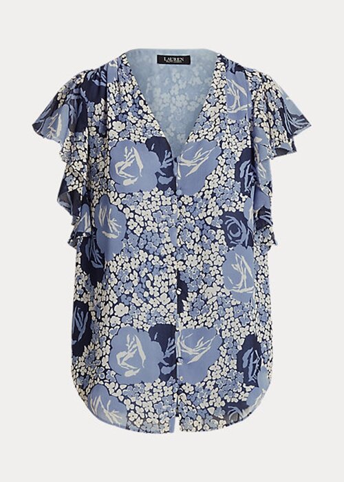 Modré dámské košile Ralph Lauren s květinovými vrásčitými Georgette Modré dámské košile Ralph Lauren s květinovými vrásčitými Georgette