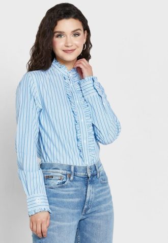 Modrá dámská košile Ralph Lauren s pruhovaným volánem Modrá dámská košile Ralph Lauren s pruhovaným volánem