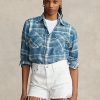 Modré dámské kostkované bavlněné keprové košile Ralph Lauren s vysokým nízkým obsahem Modré dámské kostkované bavlněné keprové košile Ralph Lauren s vysokým nízkým obsahem