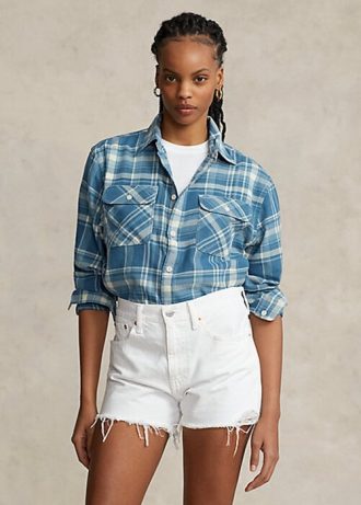 Modré dámské kostkované bavlněné keprové košile Ralph Lauren s vysokým nízkým obsahem Modré dámské kostkované bavlněné keprové košile Ralph Lauren s vysokým nízkým obsahem