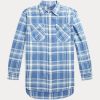 Modré dámské kostkované bavlněné keprové košile Ralph Lauren s vysokým nízkým obsahem Modré dámské kostkované bavlněné keprové košile Ralph Lauren s vysokým nízkým obsahem