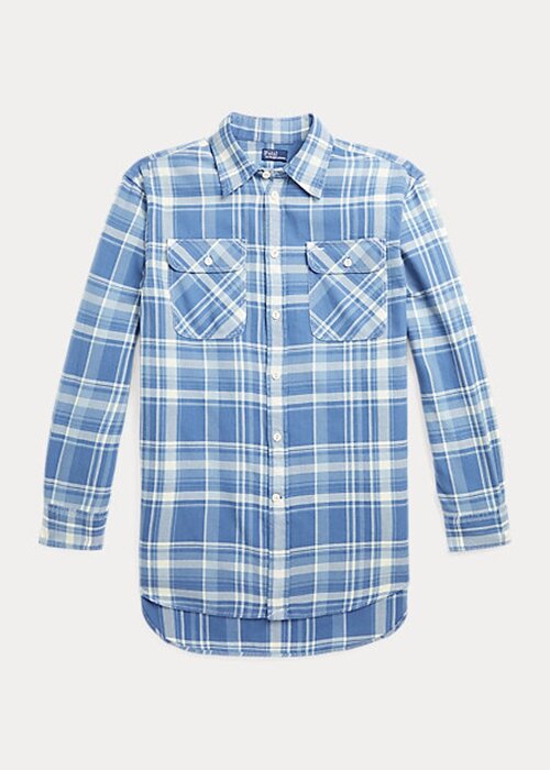 Modré dámské kostkované bavlněné keprové košile Ralph Lauren s vysokým nízkým obsahem Modré dámské kostkované bavlněné keprové košile Ralph Lauren s vysokým nízkým obsahem