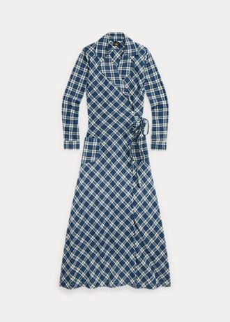 Modré dámské kostkované bavlněné voálové zavinovací šaty Ralph Lauren